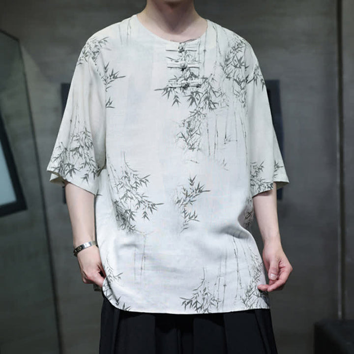 Buddha Stones Chemise homme à manches courtes en coton et lin imprimé bambou, style Tang, bouton grenouille, été - image 2