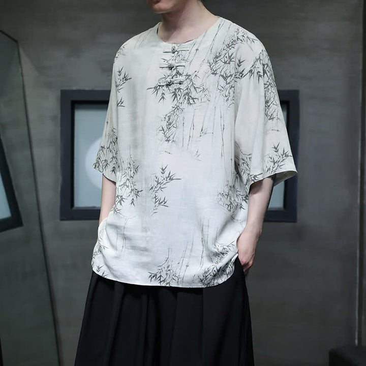 Buddha Stones Chemise homme à manches courtes en coton et lin imprimé bambou, style Tang, bouton grenouille, été - image 8
