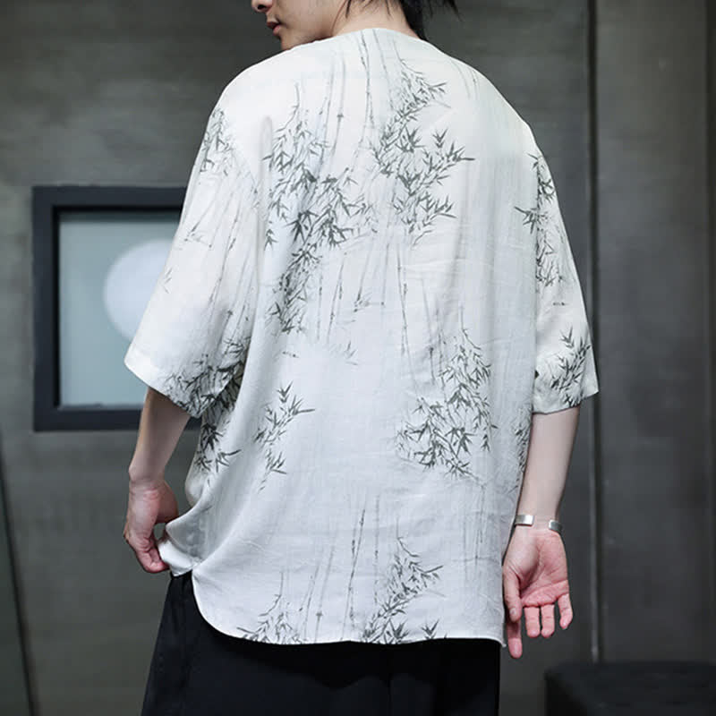 Buddha Stones Chemise homme à manches courtes en coton et lin imprimé bambou, style Tang, bouton grenouille, été - image 4