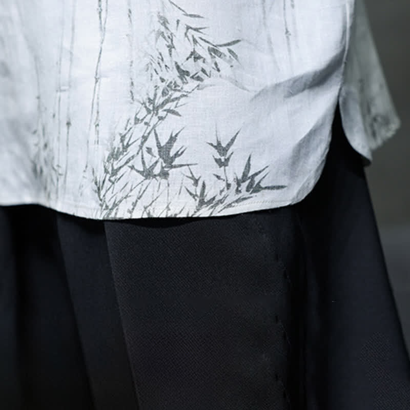 Buddha Stones Chemise homme à manches courtes en coton et lin imprimé bambou, style Tang, bouton grenouille, été - image 10