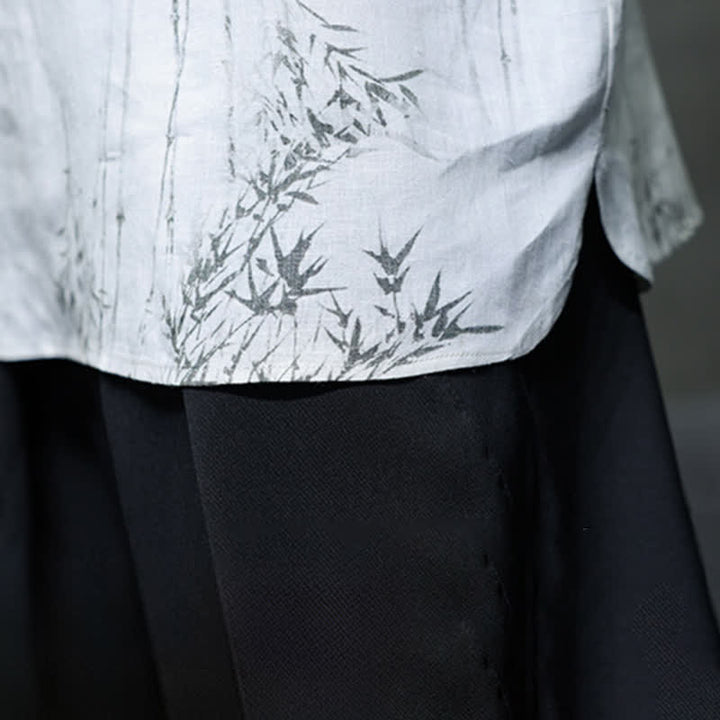 Buddha Stones Chemise homme à manches courtes en coton et lin imprimé bambou, style Tang, bouton grenouille, été - image 10