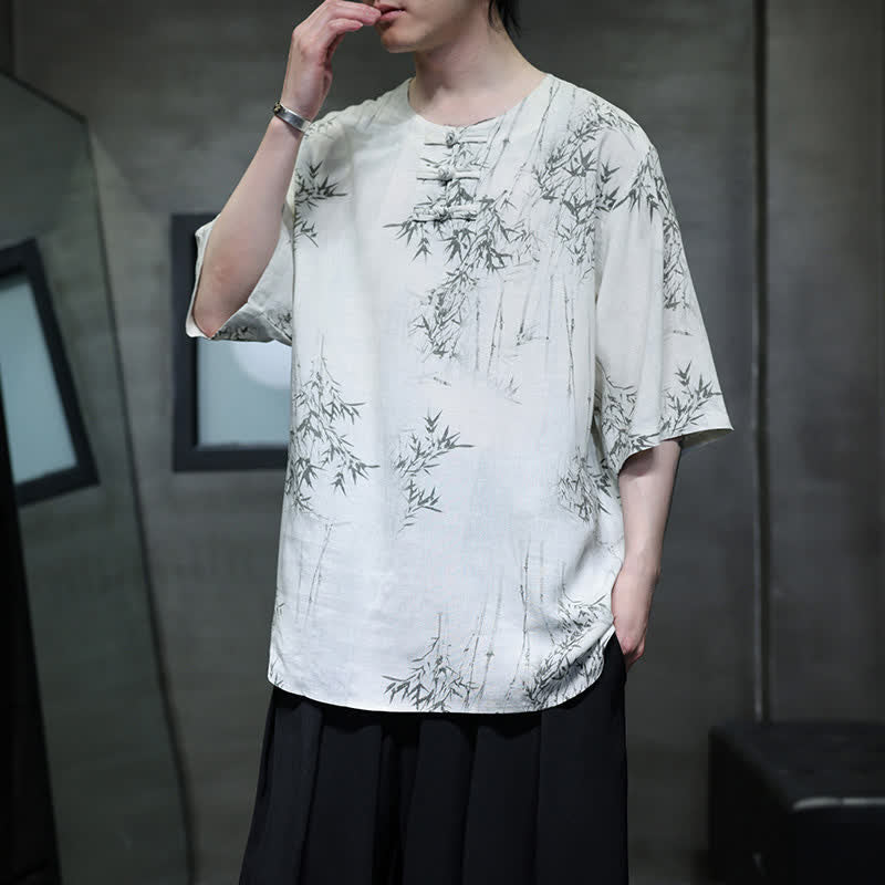 Buddha Stones Chemise homme à manches courtes en coton et lin imprimé bambou, style Tang, bouton grenouille, été - image 7