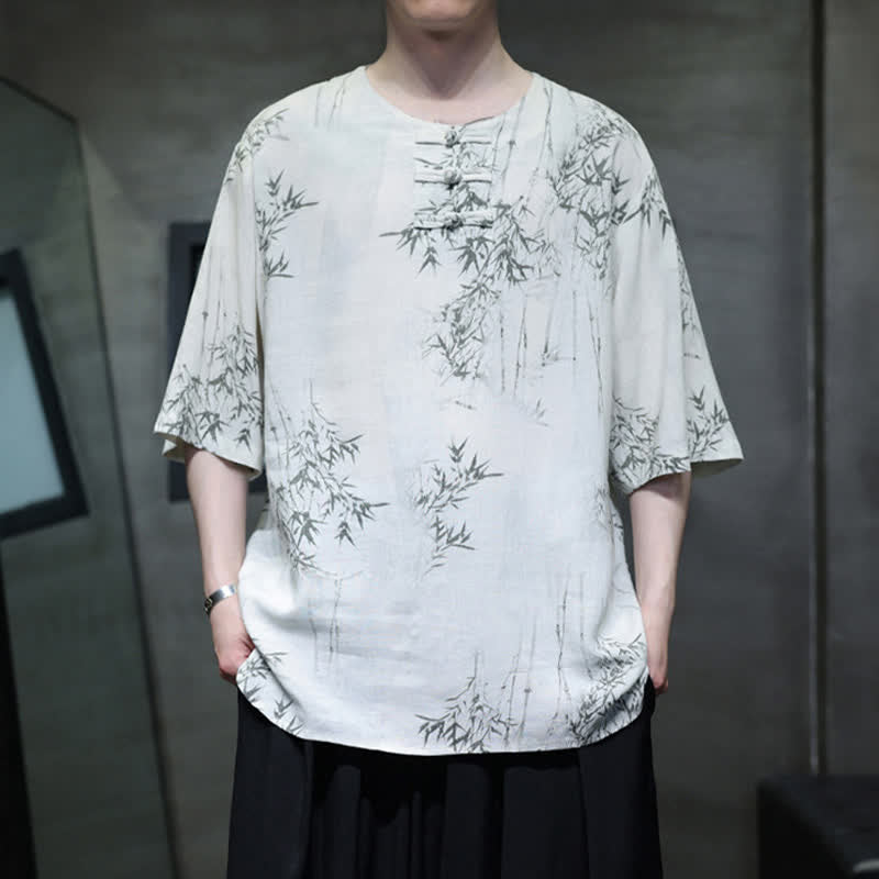 Buddha Stones Chemise homme à manches courtes en coton et lin imprimé bambou, style Tang, bouton grenouille, été - image 1