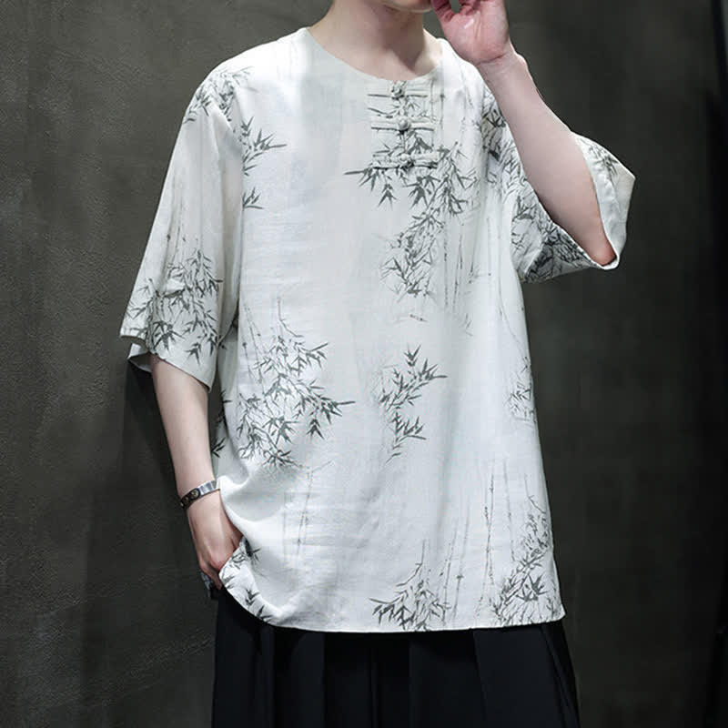 Buddha Stones Chemise homme à manches courtes en coton et lin imprimé bambou, style Tang, bouton grenouille, été - image 6