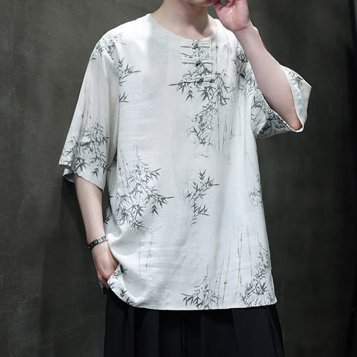 Buddha Stones Chemise homme à manches courtes en coton et lin imprimé bambou, style Tang, bouton grenouille, été - image 6