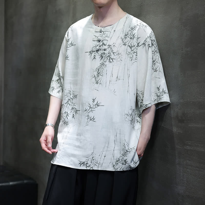 Buddha Stones Chemise homme à manches courtes en coton et lin imprimé bambou, style Tang, bouton grenouille, été - image 5