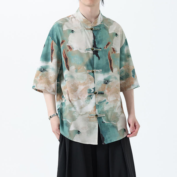 Buddha Stones Chemise homme à manches courtes, col mandarin, boutons brandebourg, imprimé aquarelle, style Tang, été - CadetBlue - US/UK/AU48，EU58(5XL) - image 0