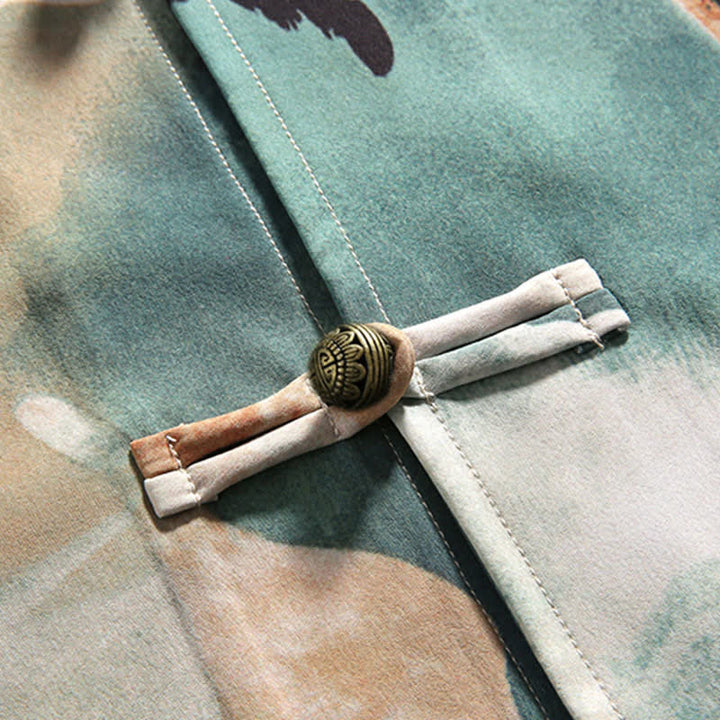 Buddha Stones Chemise homme à manches courtes, col mandarin, boutons brandebourg, imprimé aquarelle, style Tang, été - image 10