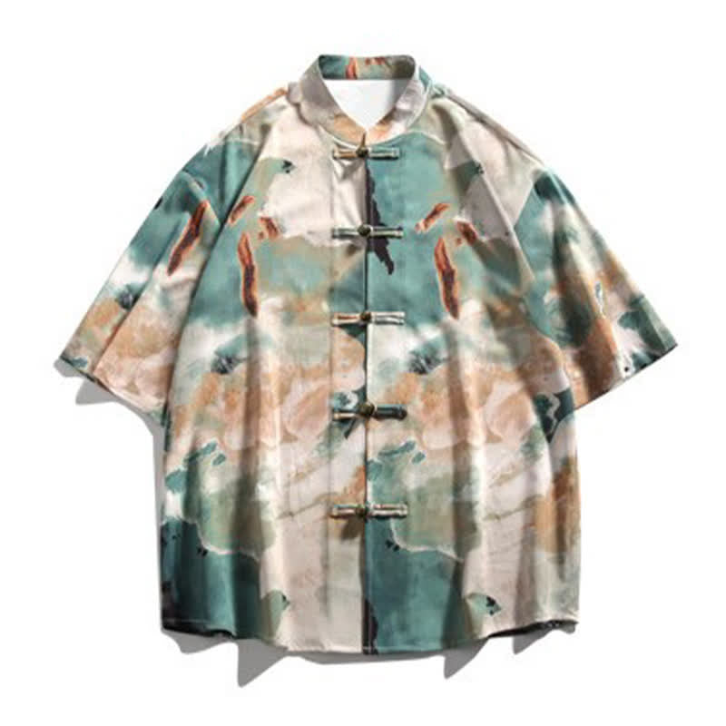 Buddha Stones Chemise homme à manches courtes, col mandarin, boutons brandebourg, imprimé aquarelle, style Tang, été - image 7