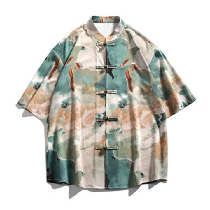 Buddha Stones Chemise homme à manches courtes, col mandarin, boutons brandebourg, imprimé aquarelle, style Tang, été - image 7