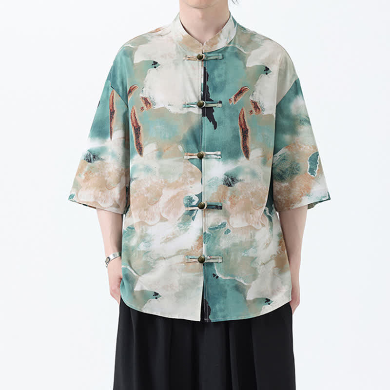 Buddha Stones Chemise homme à manches courtes, col mandarin, boutons brandebourg, imprimé aquarelle, style Tang, été - image 1