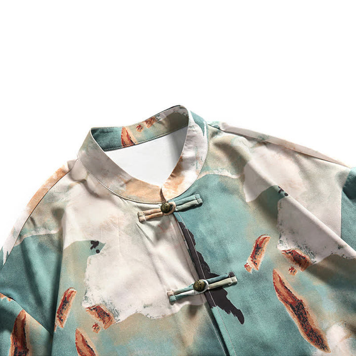 Buddha Stones Chemise homme à manches courtes, col mandarin, boutons brandebourg, imprimé aquarelle, style Tang, été - image 9