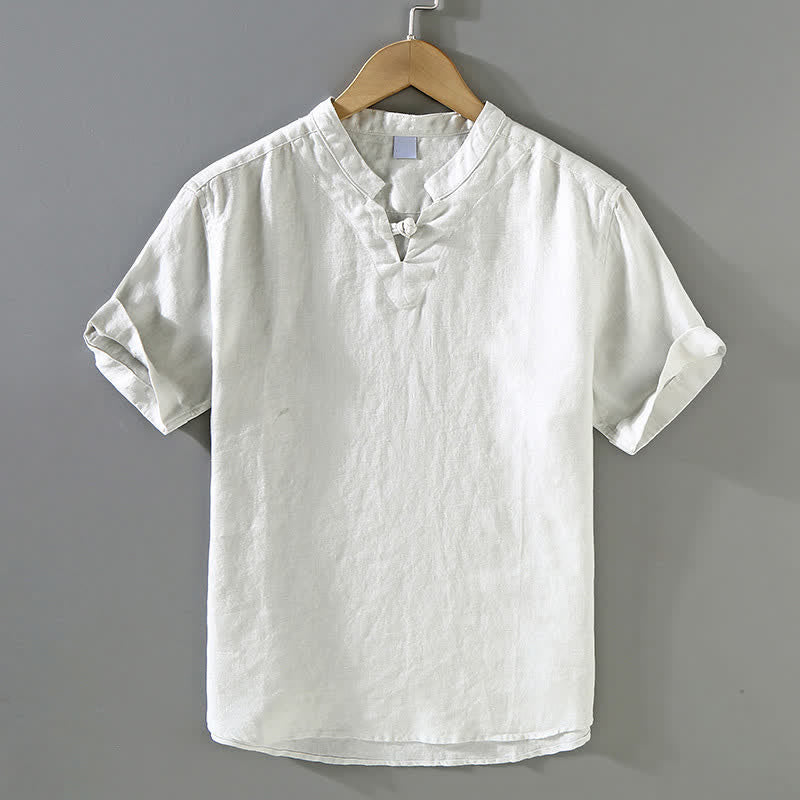 Buddha Stones Chemise homme en lin uni à manches courtes, col mandarin et boutons brandebourg, style été décontracté - WhiteSmoke - US/UK/AU42，EU52 (3XL) - image 0