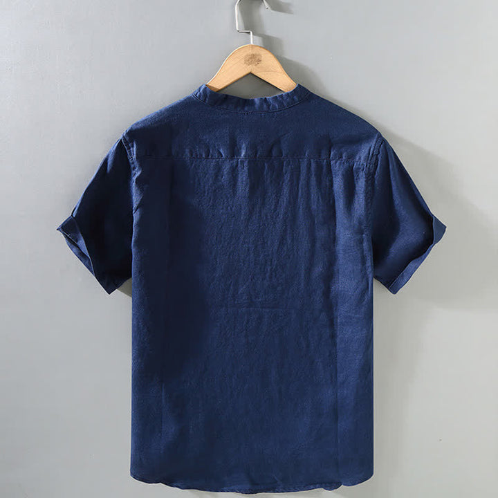 Buddha Stones Chemise homme en lin uni à manches courtes, col mandarin et boutons brandebourg, style été décontracté - image 2