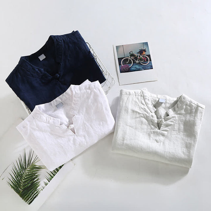 Buddha Stones Chemise homme en lin uni à manches courtes, col mandarin et boutons brandebourg, style été décontracté - image 11