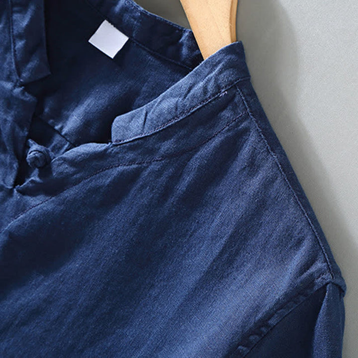 Buddha Stones Chemise homme en lin uni à manches courtes, col mandarin et boutons brandebourg, style été décontracté - image 4