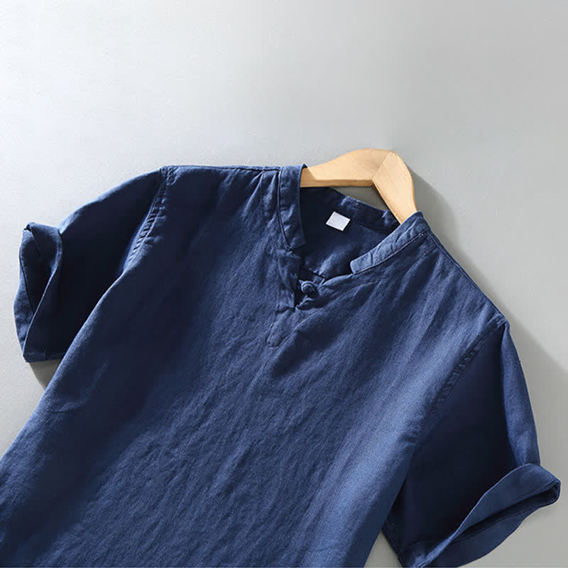 Buddha Stones Chemise homme en lin uni à manches courtes, col mandarin et boutons brandebourg, style été décontracté - image 3