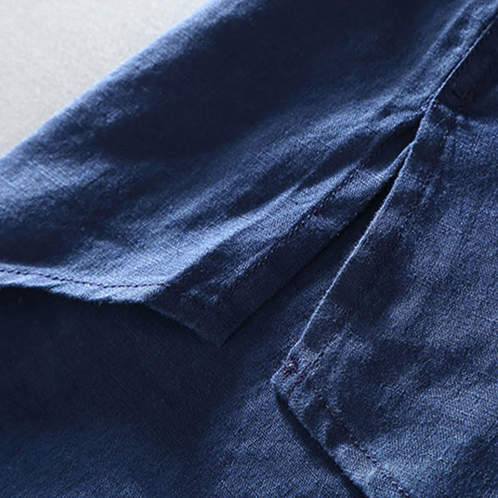 Buddha Stones Chemise homme en lin uni à manches courtes, col mandarin et boutons brandebourg, style été décontracté - image 8