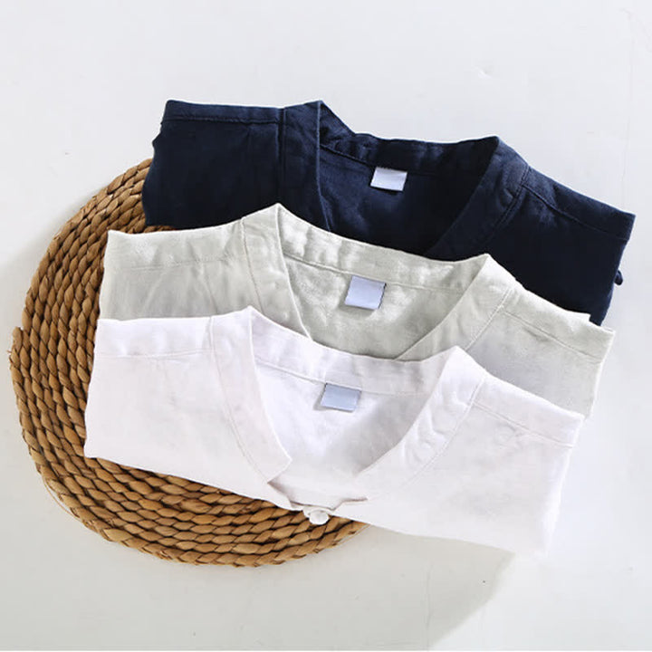 Buddha Stones Chemise homme en lin uni à manches courtes, col mandarin et boutons brandebourg, style été décontracté - image 12