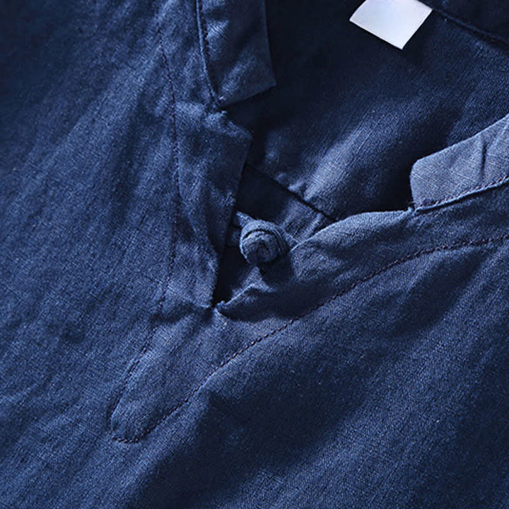 Buddha Stones Chemise homme en lin uni à manches courtes, col mandarin et boutons brandebourg, style été décontracté - image 5