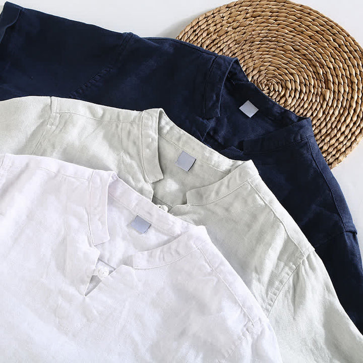 Buddha Stones Chemise homme en lin uni à manches courtes, col mandarin et boutons brandebourg, style été décontracté - image 13