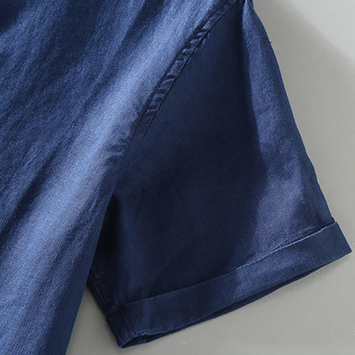Buddha Stones Chemise homme en lin uni à manches courtes, col mandarin et boutons brandebourg, style été décontracté - image 7