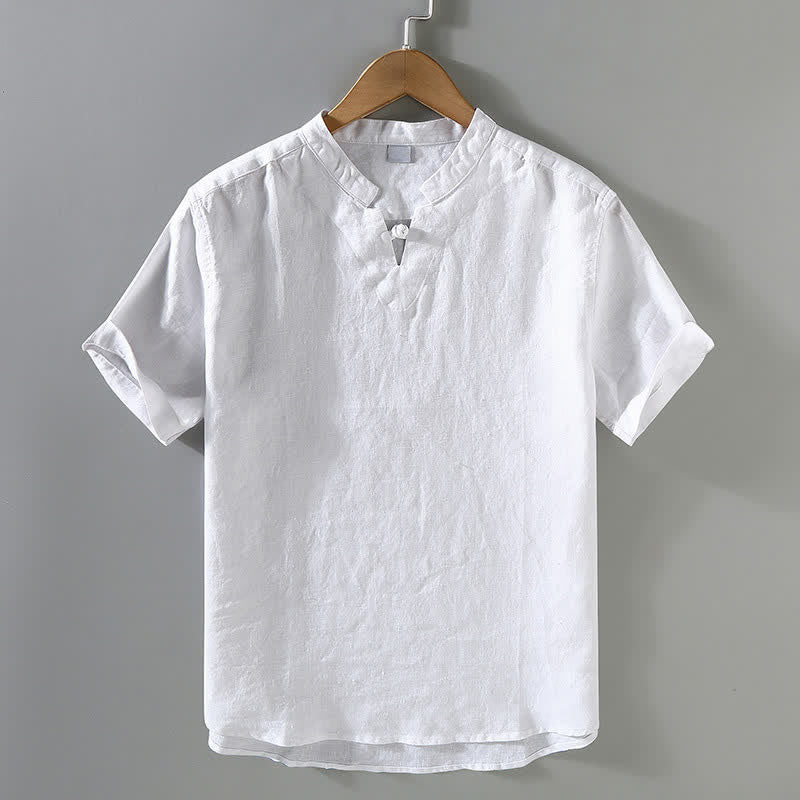 Buddha Stones Chemise homme en lin uni à manches courtes, col mandarin et boutons brandebourg, style été décontracté - Blanc - US/UK/AU42，EU52 (3XL) - image 10