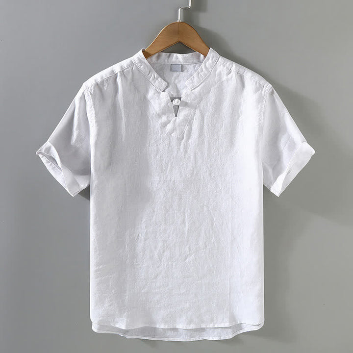 Buddha Stones Chemise homme en lin uni à manches courtes, col mandarin et boutons brandebourg, style été décontracté - Blanc - US/UK/AU42，EU52 (3XL) - image 10