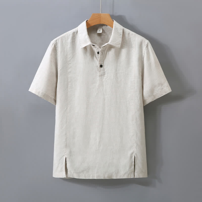 Buddha Stones Chemise d'été minimaliste à manches courtes en lin uni, boutonnée et fendue sur le côté, pour homme - Lin - US/UK/AU42，EU52 (3XL) - image 0