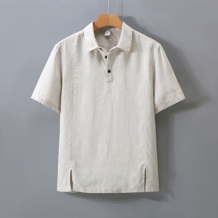 Buddha Stones Chemise d'été minimaliste à manches courtes en lin uni, boutonnée et fendue sur le côté, pour homme - Lin - US/UK/AU42，EU52 (3XL) - image 0
