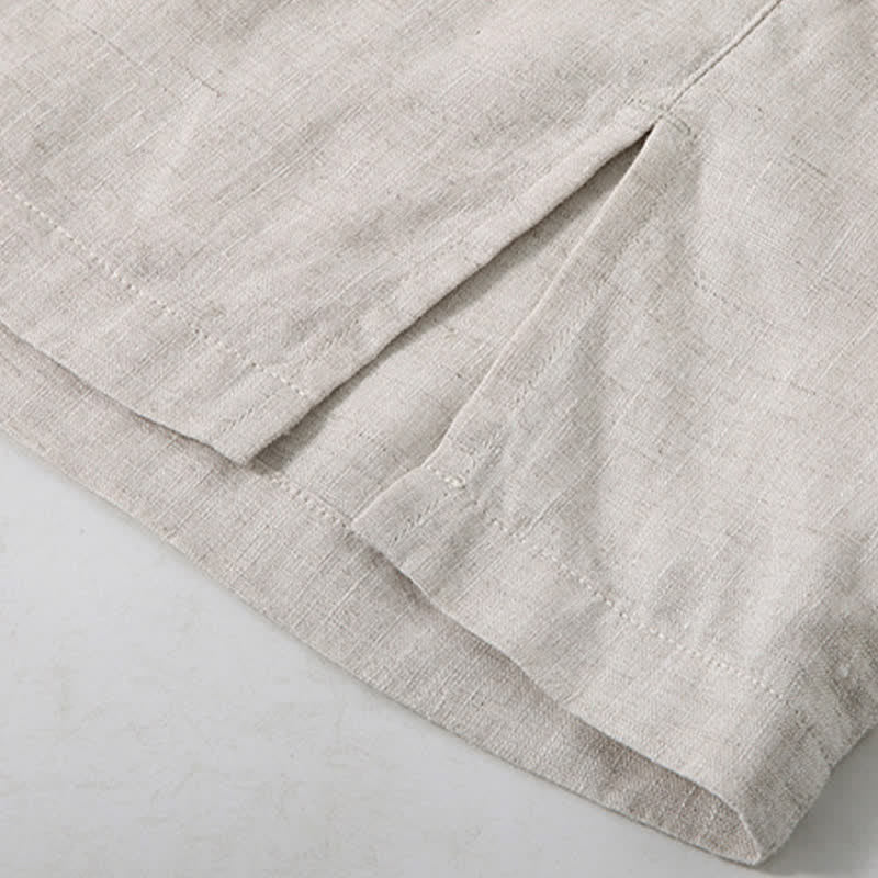 Buddha Stones Chemise d'été minimaliste à manches courtes en lin uni, boutonnée et fendue sur le côté, pour homme - image 5