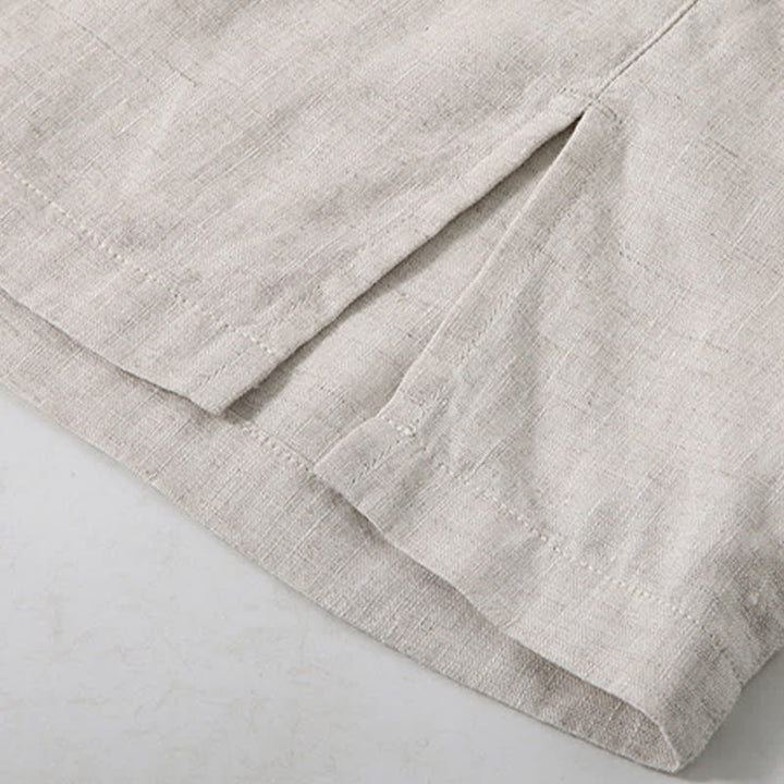 Buddha Stones Chemise d'été minimaliste à manches courtes en lin uni, boutonnée et fendue sur le côté, pour homme - image 5