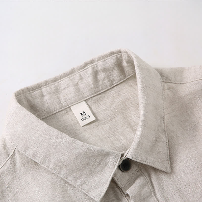 Buddha Stones Chemise d'été minimaliste à manches courtes en lin uni, boutonnée et fendue sur le côté, pour homme - image 1