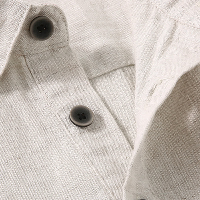 Buddha Stones Chemise d'été minimaliste à manches courtes en lin uni, boutonnée et fendue sur le côté, pour homme - image 2