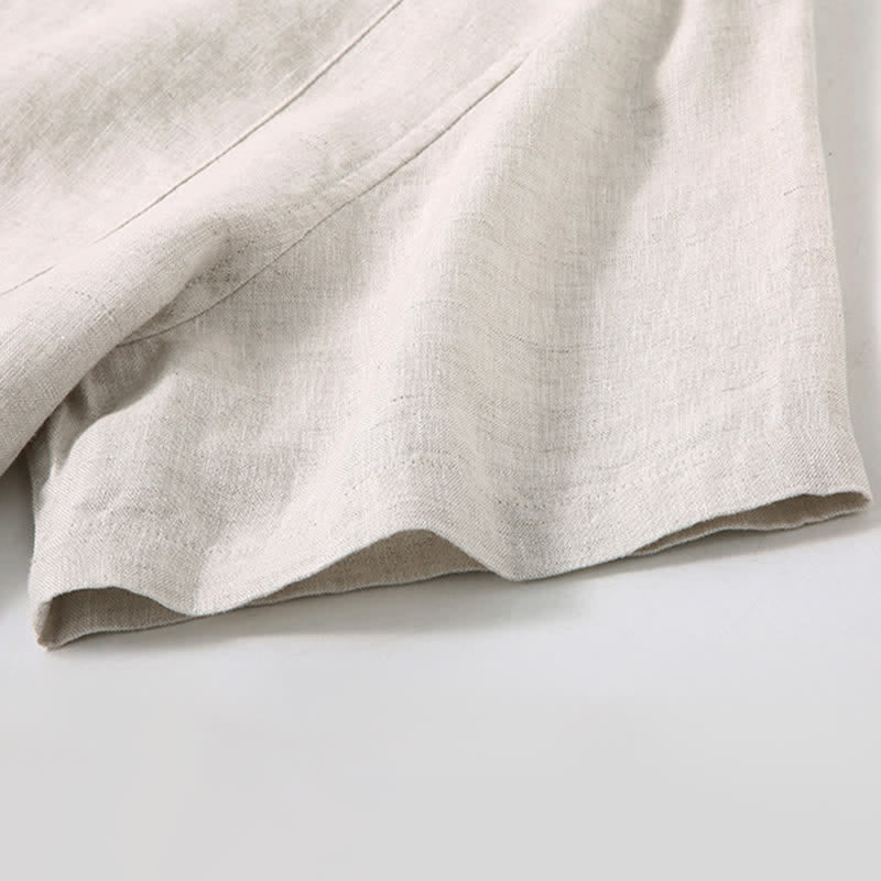 Buddha Stones Chemise d'été minimaliste à manches courtes en lin uni, boutonnée et fendue sur le côté, pour homme - image 3