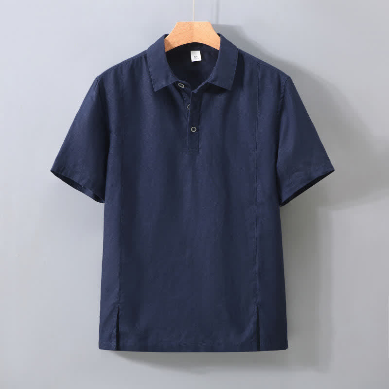 Buddha Stones Chemise d'été minimaliste à manches courtes en lin uni, boutonnée et fendue sur le côté, pour homme - Marine - US/UK/AU42，EU52 (3XL) - image 7