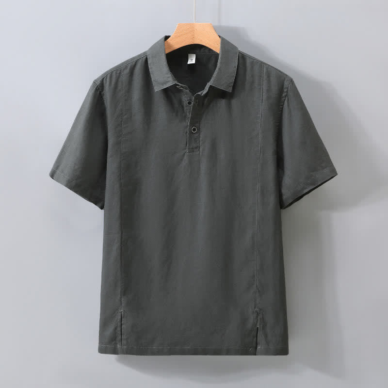 Buddha Stones Chemise d'été minimaliste à manches courtes en lin uni, boutonnée et fendue sur le côté, pour homme - Gris terne - US/UK/AU42，EU52 (3XL) - image 8