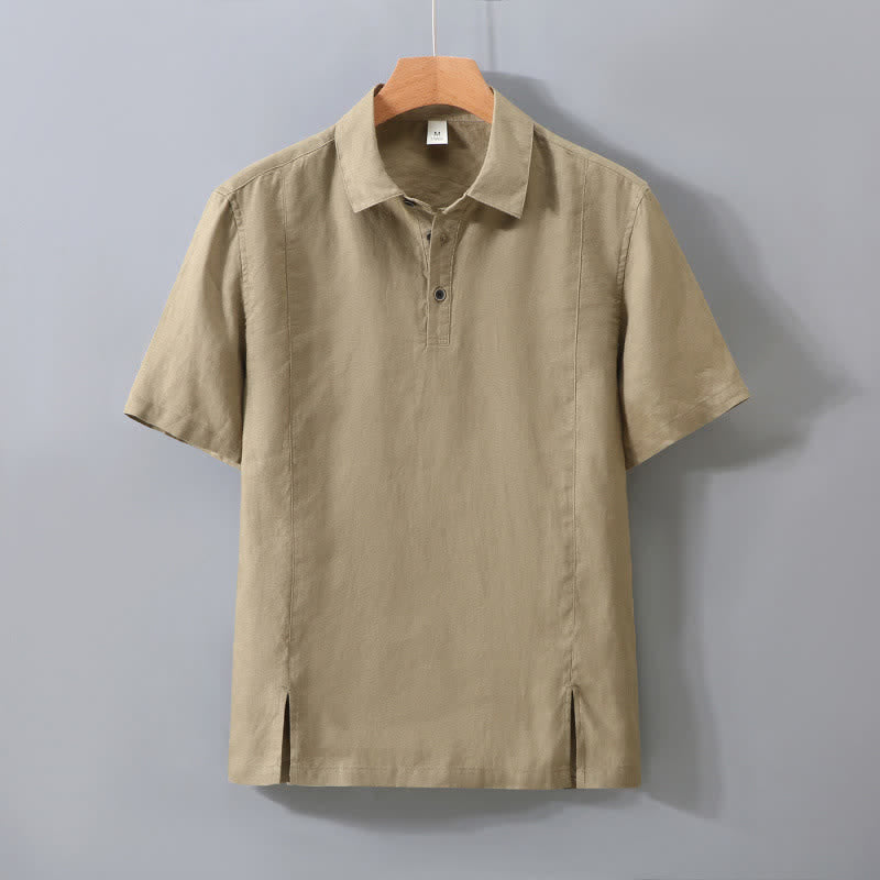 Buddha Stones Chemise d'été minimaliste à manches courtes en lin uni, boutonnée et fendue sur le côté, pour homme - Tanné - US/UK/AU42，EU52 (3XL) - image 11