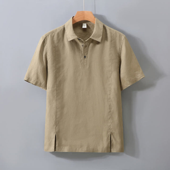 Buddha Stones Chemise d'été minimaliste à manches courtes en lin uni, boutonnée et fendue sur le côté, pour homme - Tanné - US/UK/AU42，EU52 (3XL) - image 11