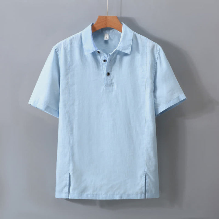 Buddha Stones Chemise d'été minimaliste à manches courtes en lin uni, boutonnée et fendue sur le côté, pour homme - Bleu clair - US/UK/AU42，EU52 (3XL) - image 9