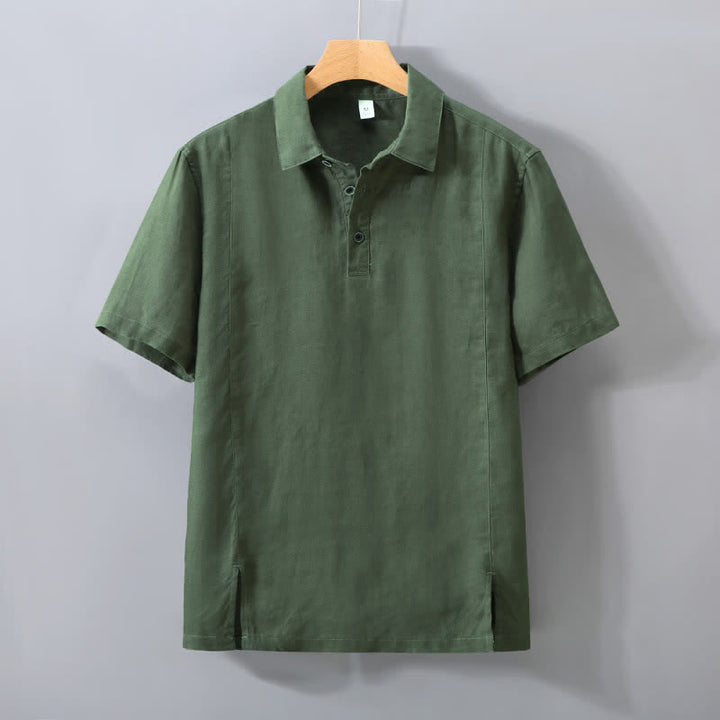 Buddha Stones Chemise d'été minimaliste à manches courtes en lin uni, boutonnée et fendue sur le côté, pour homme - Vert olive - US/UK/AU42，EU52 (3XL) - image 10