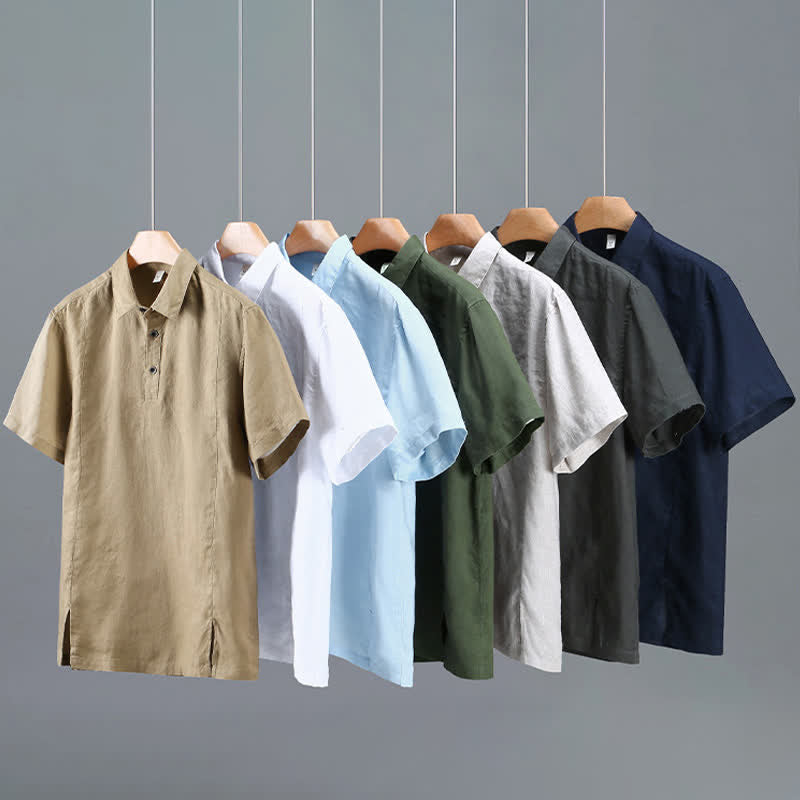 Buddha Stones Chemise d'été minimaliste à manches courtes en lin uni, boutonnée et fendue sur le côté, pour homme - image 13