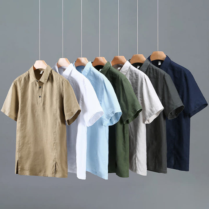 Buddha Stones Chemise d'été minimaliste à manches courtes en lin uni, boutonnée et fendue sur le côté, pour homme - image 13