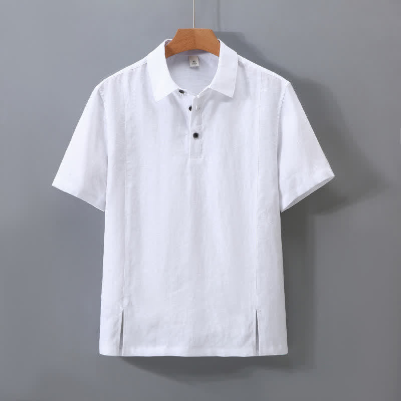 Buddha Stones Chemise d'été minimaliste à manches courtes en lin uni, boutonnée et fendue sur le côté, pour homme - Blanc - US/UK/AU42，EU52 (3XL) - image 12