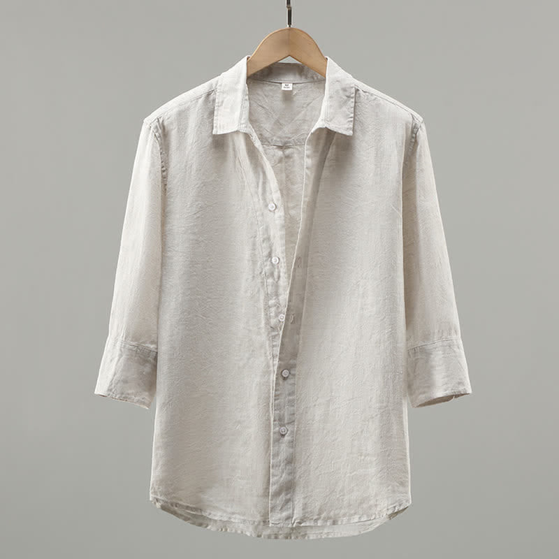 Buddha Stones Chemise homme minimaliste printanière en lin uni à manches trois-quarts - Lin - US/UK/AU42，EU52 (3XL) - image 0