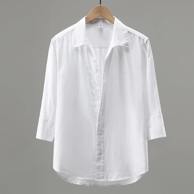 Buddha Stones Chemise homme minimaliste printanière en lin uni à manches trois-quarts - Blanc - US/UK/AU42，EU52 (3XL) - image 1