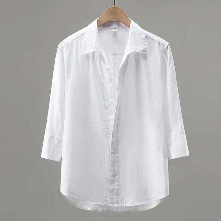 Buddha Stones Chemise homme minimaliste printanière en lin uni à manches trois-quarts - Blanc - US/UK/AU42，EU52 (3XL) - image 1