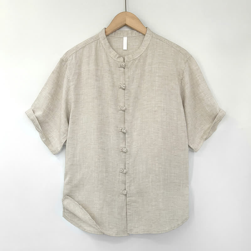 Buddha Stones Chemise d'été minimaliste à manches courtes pour homme, col mandarin et boutons brandebourg. - Beige - US/UK/AU44，EU54 (4XL) - image 0