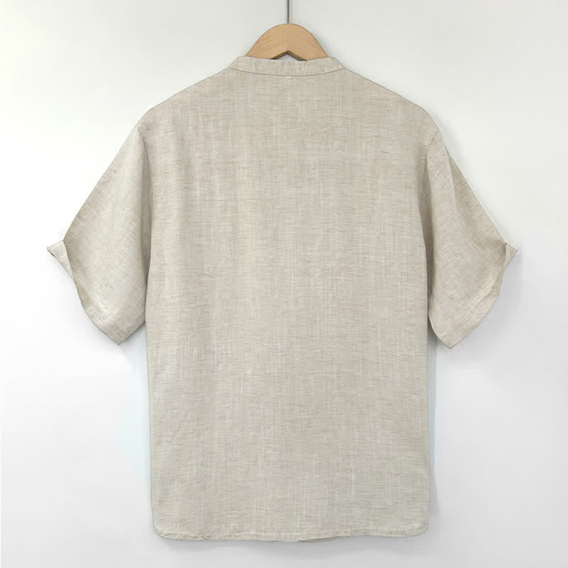 Buddha Stones Chemise d'été minimaliste à manches courtes pour homme, col mandarin et boutons brandebourg. - image 1