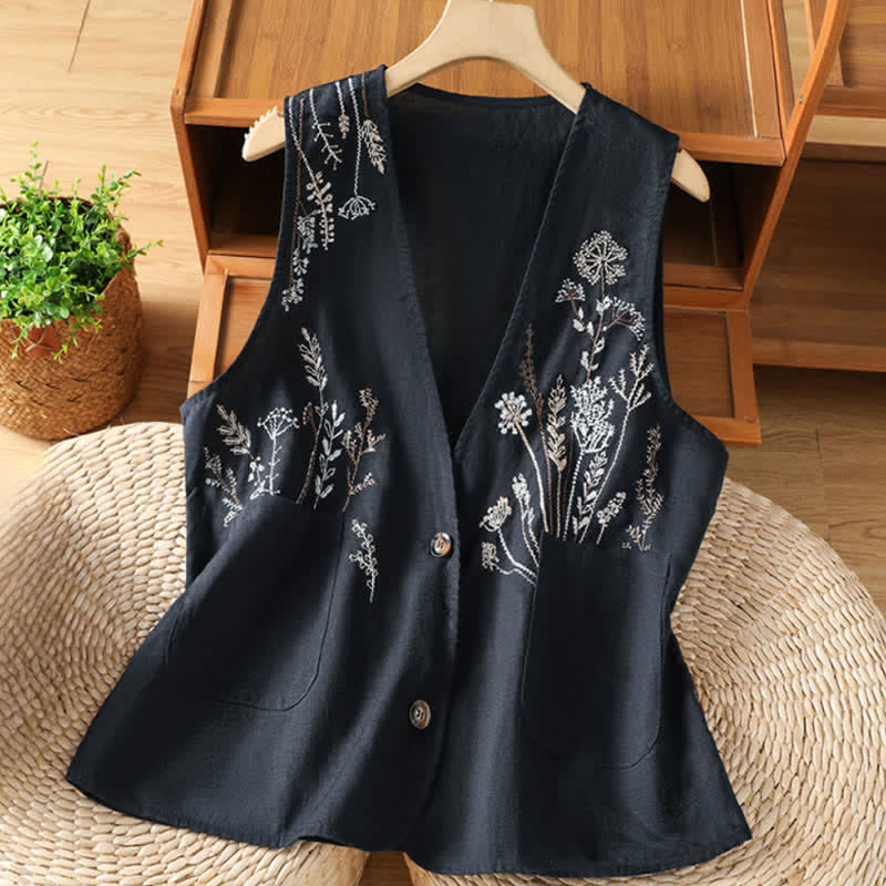 Buddha Stones Chemises sans manches d'été brodées à motifs floraux pour femmes, avec poches - Marine - US8-10，UK/AU12-14，EU40-42 (2XL) - image 8